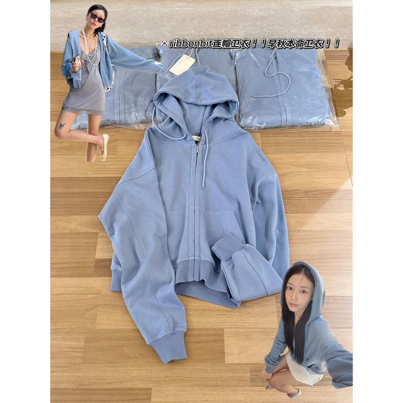 Korean Retro Style Hooded Sweatshirt with Letter Embroidery on the Back, Mist Blue, Women's New Autumn Casual Versatile Cardigan Jacket Korean Retro Style Hooded Sweatshirt with Letter Embroidery on the Back, Mist Blue, Women's New Autumn Casual Versatile Cardigan Jacket