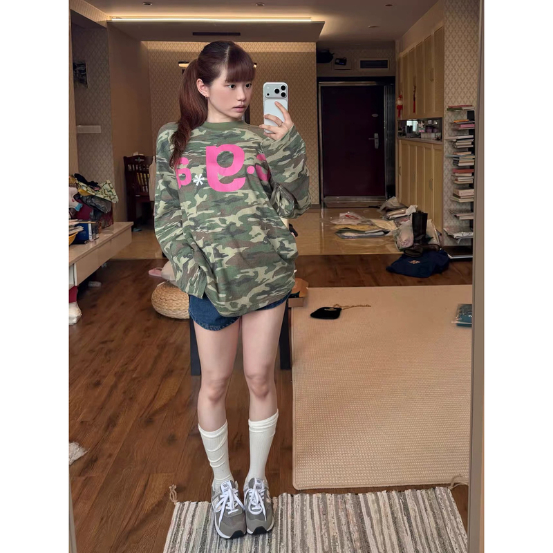 American-Style Letter Print Waffle Camouflage Long-Sleeve T-Shirt for Women 2026 New Loose Casual Versatile Couple Top