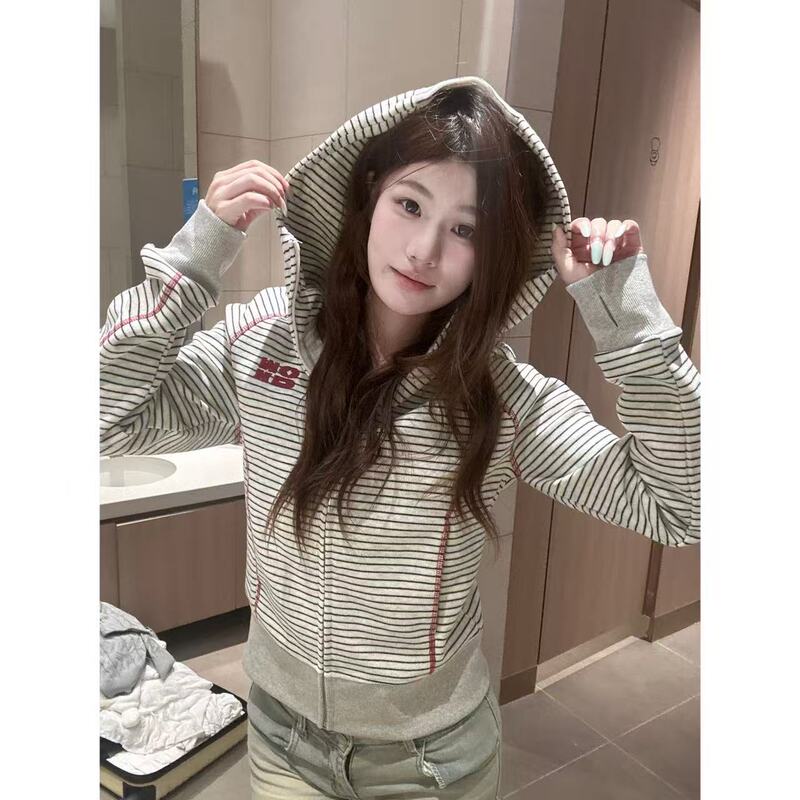 Hasselblad Striped Waist-Cinching Hooded Sweatshirt for Women, Spring and Autumn 2026 New Casual Lazy Sports Cardigan Jacket