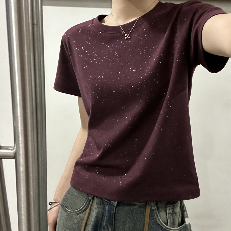Grape Purple Fine Glitter Starry Sky Short-Sleeve T-Shirt for Women, Stylish Summer New Design, Regular Shoulder, Round Neck, Slimming, Versatile Top