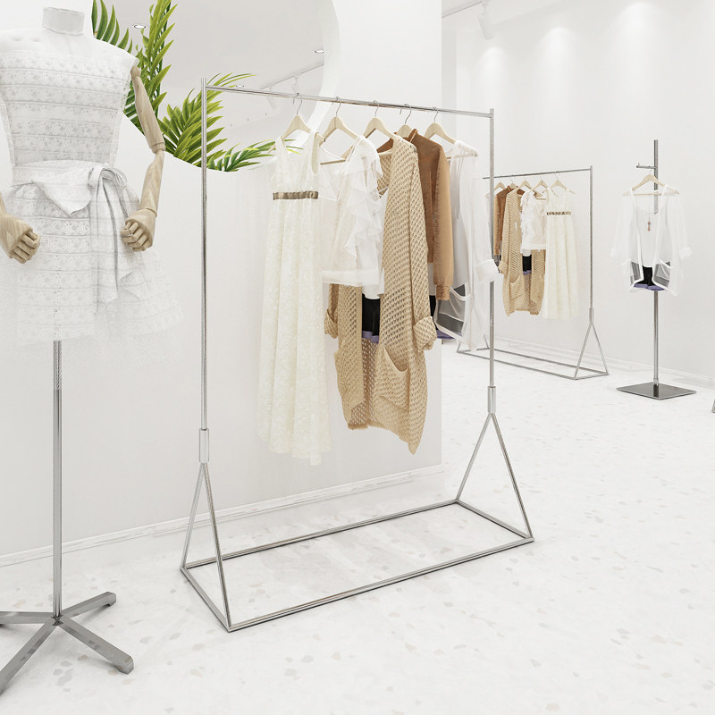 Clothing store display floor-style women's clothes hanging shelves stainless steel drawing silver display hanging rack rack