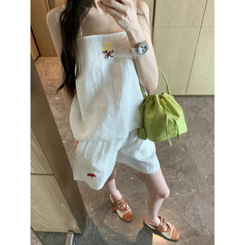 7/4 ~ Ngvy Breathable Linen Floral Embroidered Letter Logo Sleeveless Vest + Shorts + Dress 26 Summer
