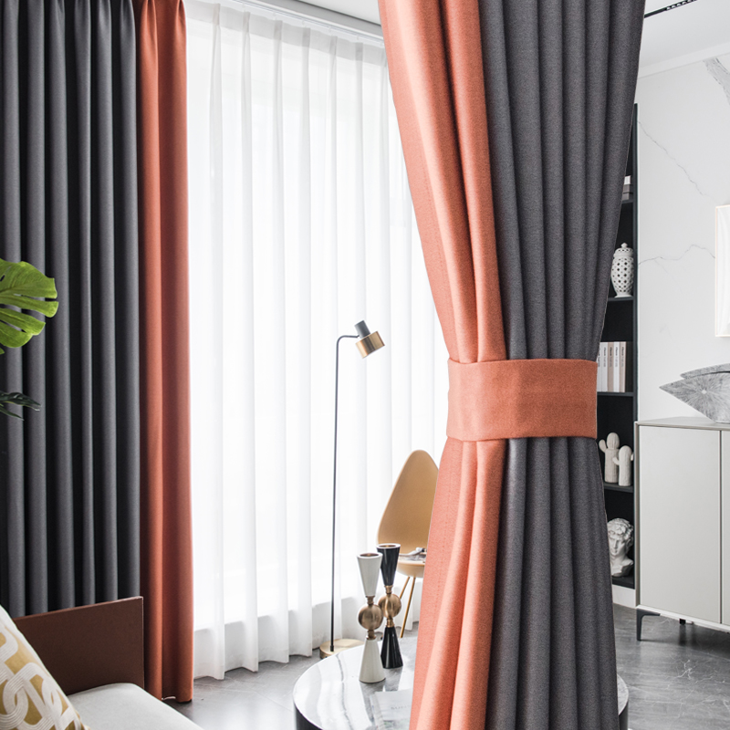 Nordic Light Lavish Living Room Curtains Finished Top Air Light Full Cotton Hemp Pure Color Splicing New Pop-light 10