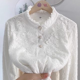 蕾丝立领木耳边长袖衬衣小香风显瘦遮肉减龄名媛上衣爆款打底衬衫