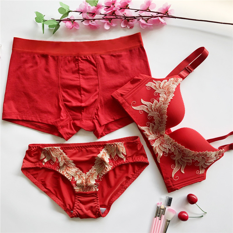 Big red underwear suit married bride groom couple underwear three pieces with bras and bras pure cotton