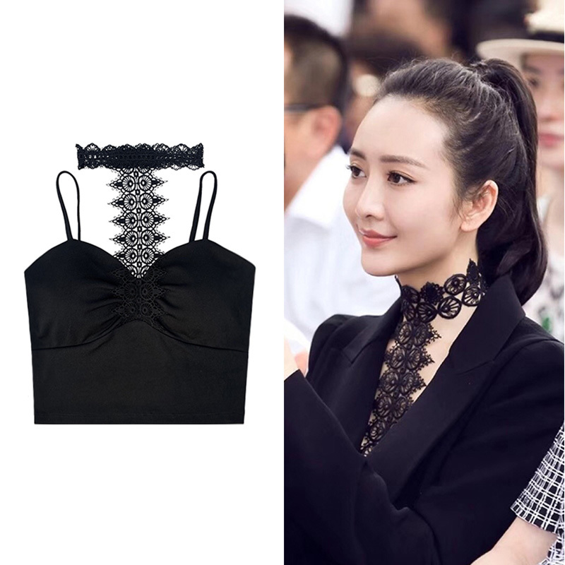 Halter Neck Lace Suit with Beautiful Back Suspbottomer Design Niche Vest Feminine Bottoming French Top for Outer Wear