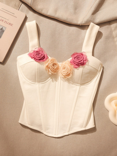French three-dimensional flower fishbone bra camisole women's inner wear hot girl sexy beauty straps breast pad tube top