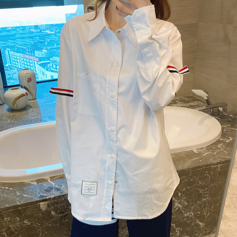 Trendy Tb Double Armband White Shirt for Women, Unique Design, High-End Version, Autumn 25, College Style, Loose-Fitting Couple's Jacket