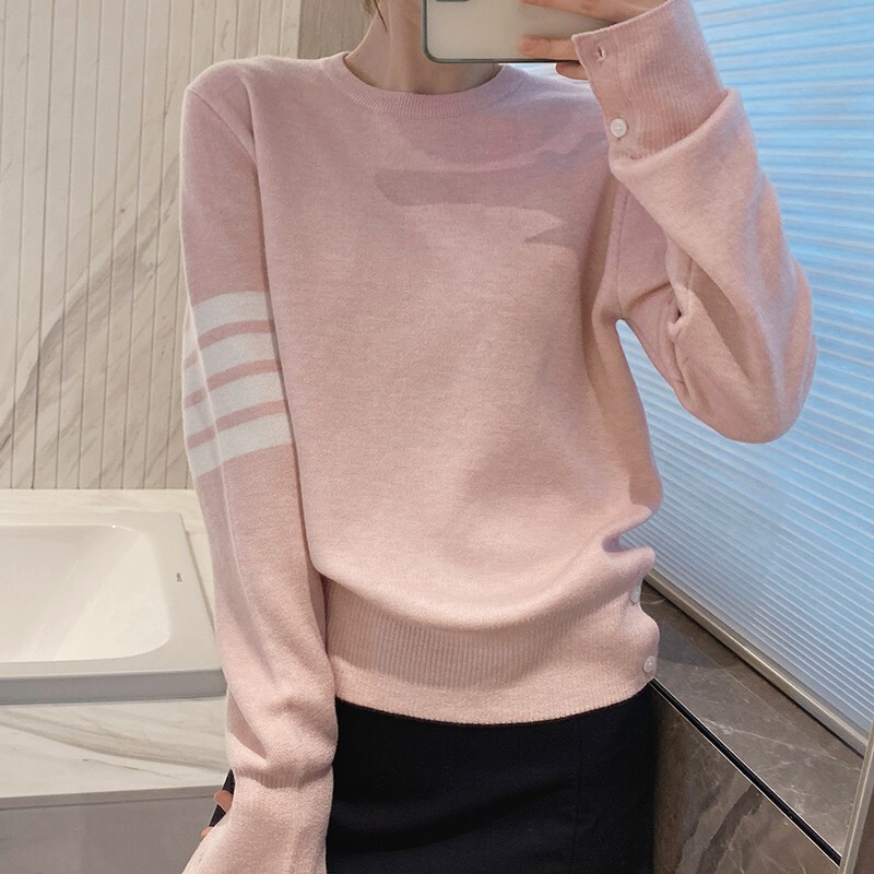 Sweet and Youthful Tb Casual Backless Stick Figure Pink Knit Pullover Sweater for Petite Women, Autumn 2025