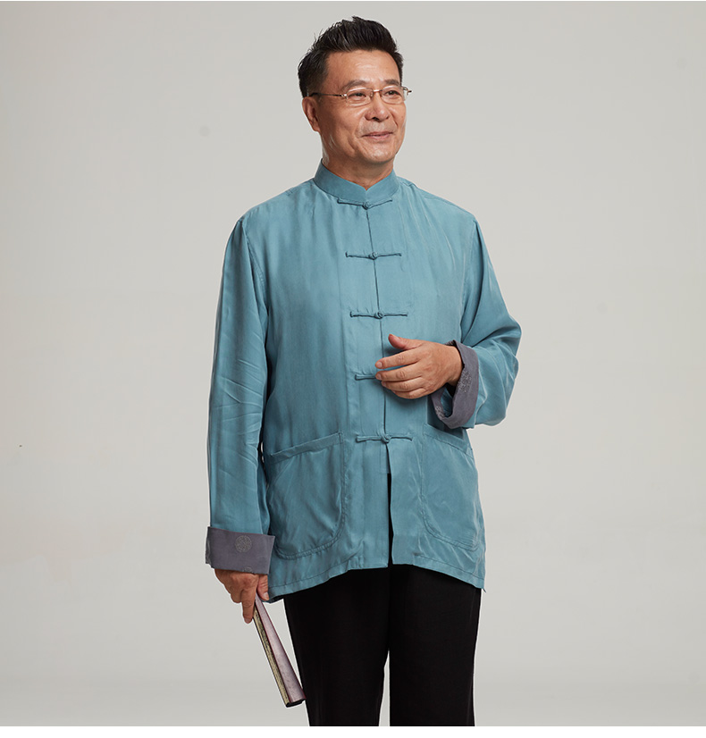 Mùa xuân và mùa thu Trung niên Trang phục dân tộc Màu rắn Tencel Đứng cổ áo Yêu thương Áo sơ mi nam gấp tay áo dài tay áo đồ bộ vải đũi