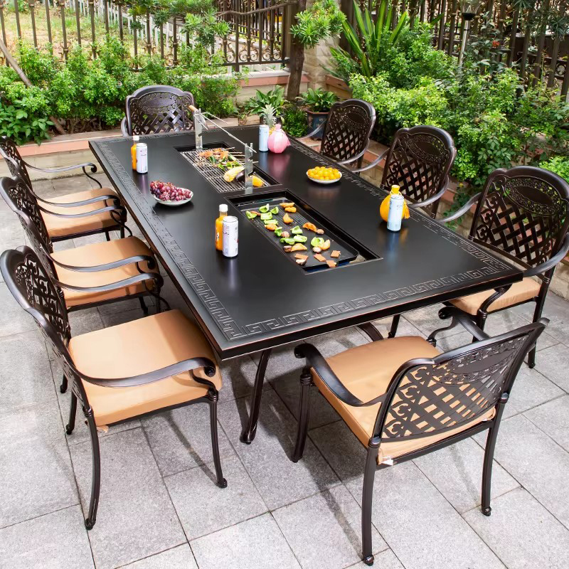 Outdoor Table and Chairs, Electric Barbecue Dining Table, Cast Aluminum, Open-Air Courtyard, Outdoor Garden, Wrought Iron, Home Leisure Set, Barbecue Table