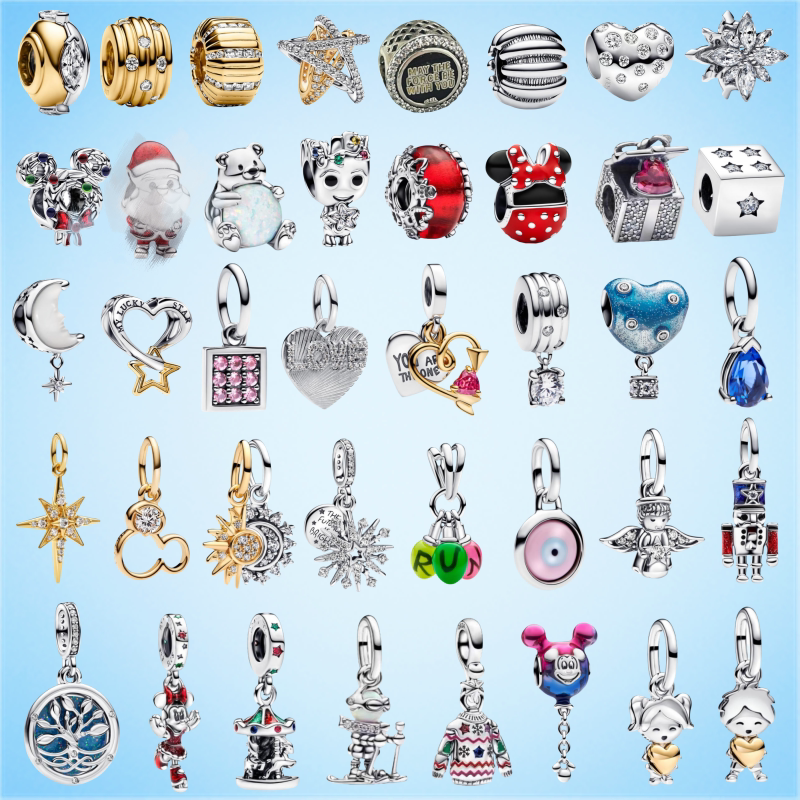 S925 Silver Pan Family Bracelet for Women, Beads, Loose Beads, Christmas Disney DIY Accessories, Heart Charms for Boys and Girls