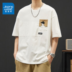 Jeanswest Short-sleeved T-shirt Men's Summer New arrival American Trendy pure cotton Crewneck Casual Men Loose Half-sleeved T-shirt