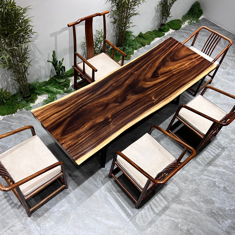 Walnut solid wood large board tea table whole board tea table Okan log dining table desktop boss office desk natural edge