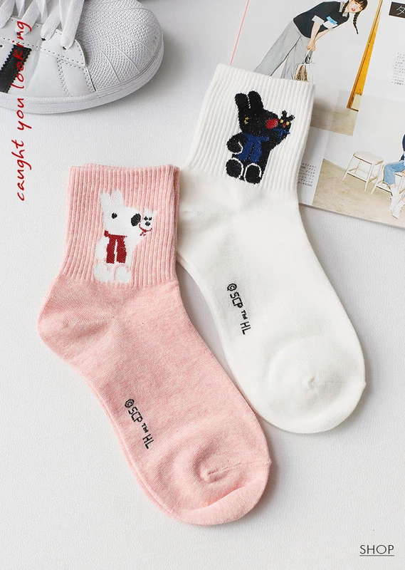 Hàn Quốc xác thực con chó con ống vớ vớ cotton nữ đại học gió dễ thương hoạt hình eo vớ vớ vớ cotton - Bít tất nữ