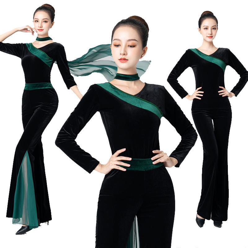Body suit Dance suit Collision Color Golden Velvet Ink Green Walking Show Model Ballet Practice training Etiquette Yoga Suit-Taobao