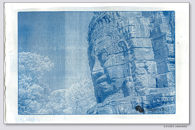 A blue sunburn original photographic work in the classical print-phase method: Angkor's smiling handmade retro photo