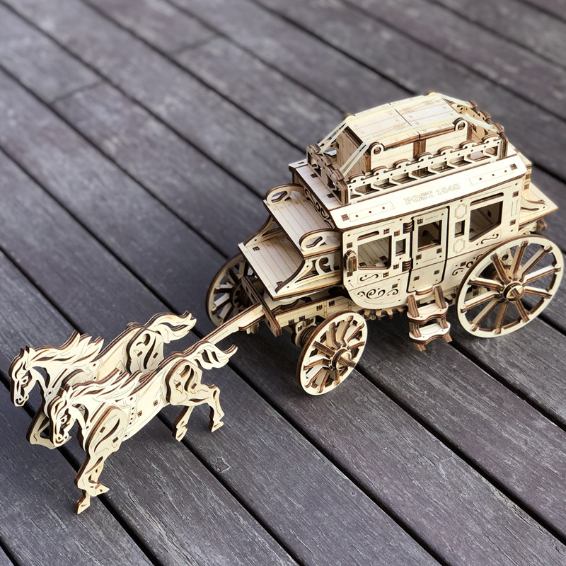 Ukrainian ugearss wooden mechanical transmission model toy stagecoach rubber band power 3D gift