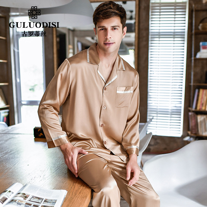 Gurotis heavy 22 mmi silk pajamas men two-piece set spring long sleeve trousers 100% mulberry silk pajamas
