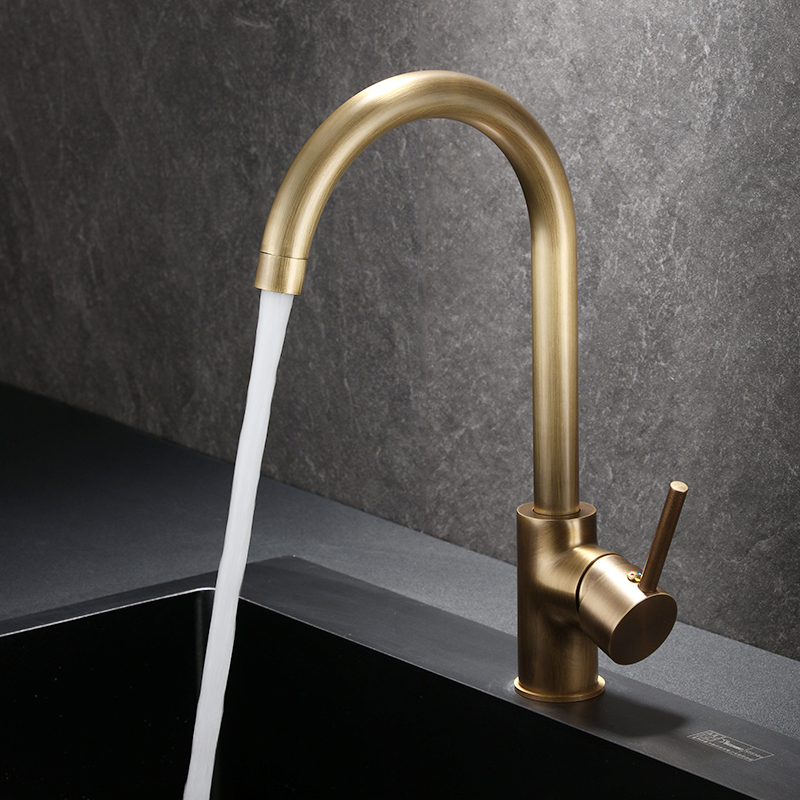 All-Copper Antique-Style Kitchen Faucet with Hot and Cold Water for Sink, Pull-Out Rotating Household Retro Simple Design