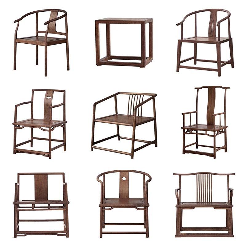 Song-Style Aesthetics, New Chinese Style, North American Black Walnut Circle Chair, Tea Chair, Zen-Style Armchair, White Ash Wood Chair Three-Piece Set