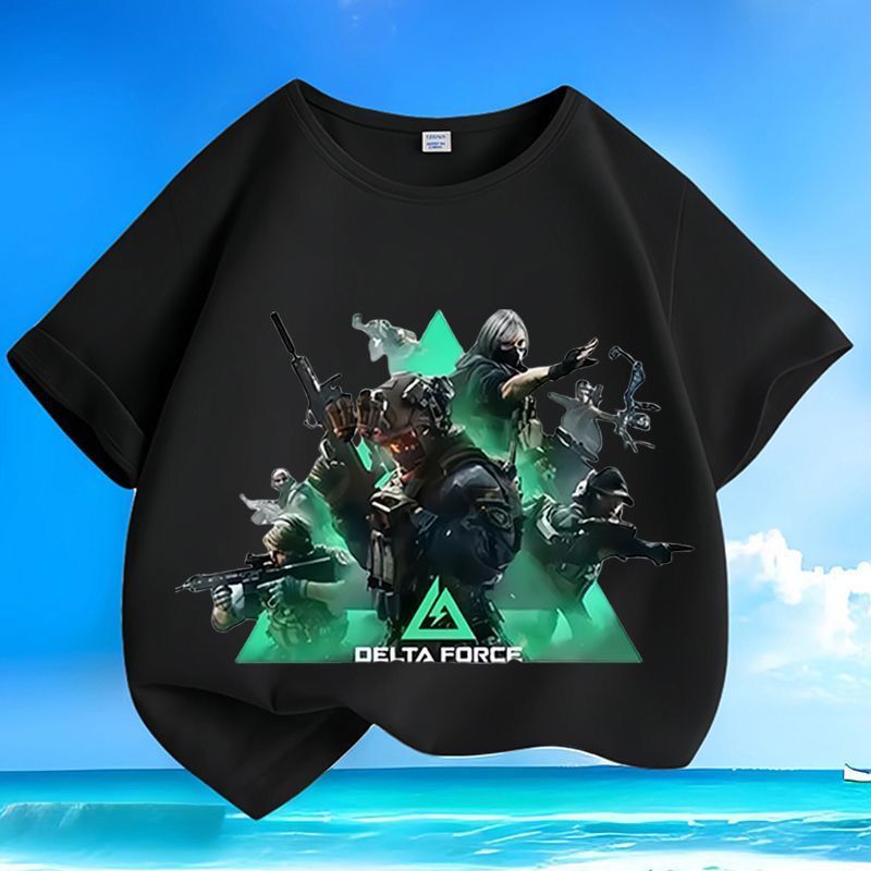 Delta Operation Summer New Children's Short-Sleeve Pure Cotton Round Neck T-Shirt with Print, Loose Fit for Boys and Girls