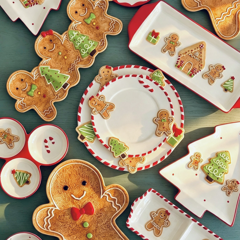 New Export Gingerbread Man Hand-Painted Ceramic Tableware Set Cute Christmas Steak Plate Embossed Underglaze Color Plate