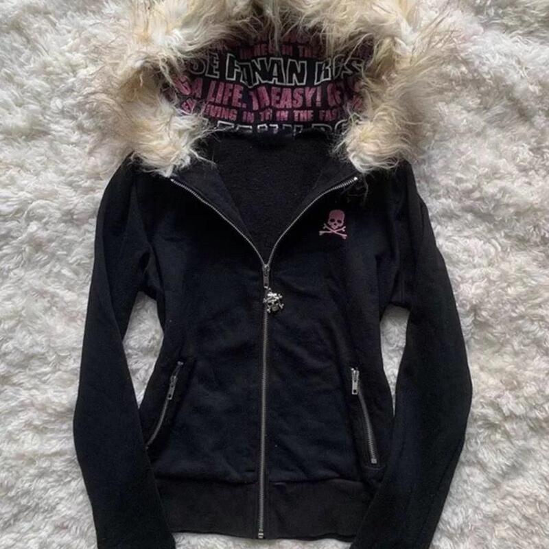 Subculture Y2K Millennial Hot Girl Japanese Style Black Letter Print Furry Hooded Sweatshirt Women's Autumn and Winter Zipper Jacket