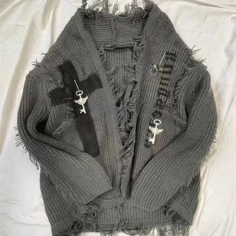 Subculture Goth Rock Punk Y2K Yabi Visual Style Ripped Sweater Jacket for Women Winter Light Knit Top