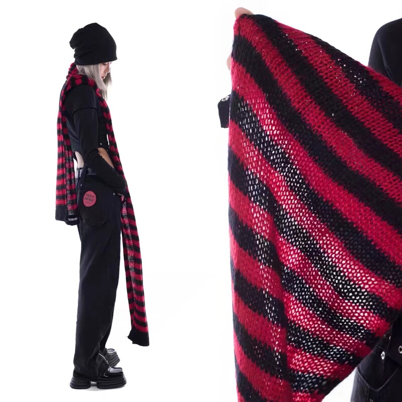 Subculture Punk Y2K Hot Girl Black and Red Black and Gray Striped Scarf for Women Versatile Soft and Drapey Knitted Wool Autumn and Winter
