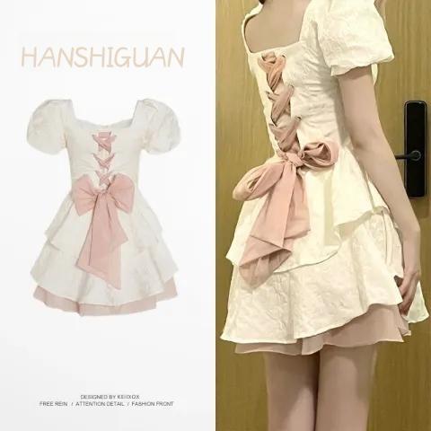 French Bow Dress for Women, New Summer Style, Pure and Sexy Style, High-End, Petite Princess Puffy Dress