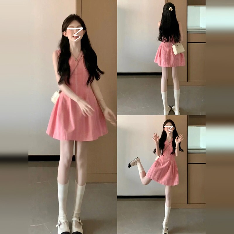 Sweet Pink V Neck Sleeveless Vest Dress for Women, Summer Elegant, High-End Waist Slimming Look Fairy Short Skirt