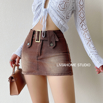 liviahome retro wide belt denim dress pants female summer hot girl sexy high waist anti-walking light bag hip short dress