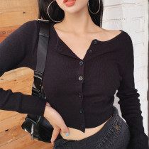 LIVIA French retro bm wind high waist single breasted long sleeve knitted cardigan short navel slim top