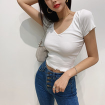 LIVIA European and American style high-waisted short navel top sexy elastic tight wooden ear V collar bottom short sleeve t-shirt