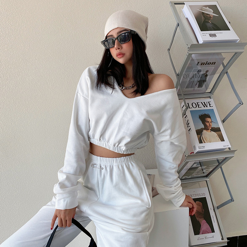 LIVIAHOME European and American INS double V neck sexy shoulder short jacket elastic waist loose show thin solid color sweatshirt