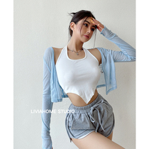 liviahome American pure desire hot girl hanging neck vest woman summer sexy dew back tight fit pure color short blouse