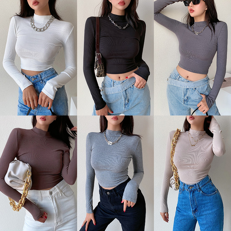liviahome American half turtleneck wild base shirt Women's thread stretch slim solid color T-shirt short top