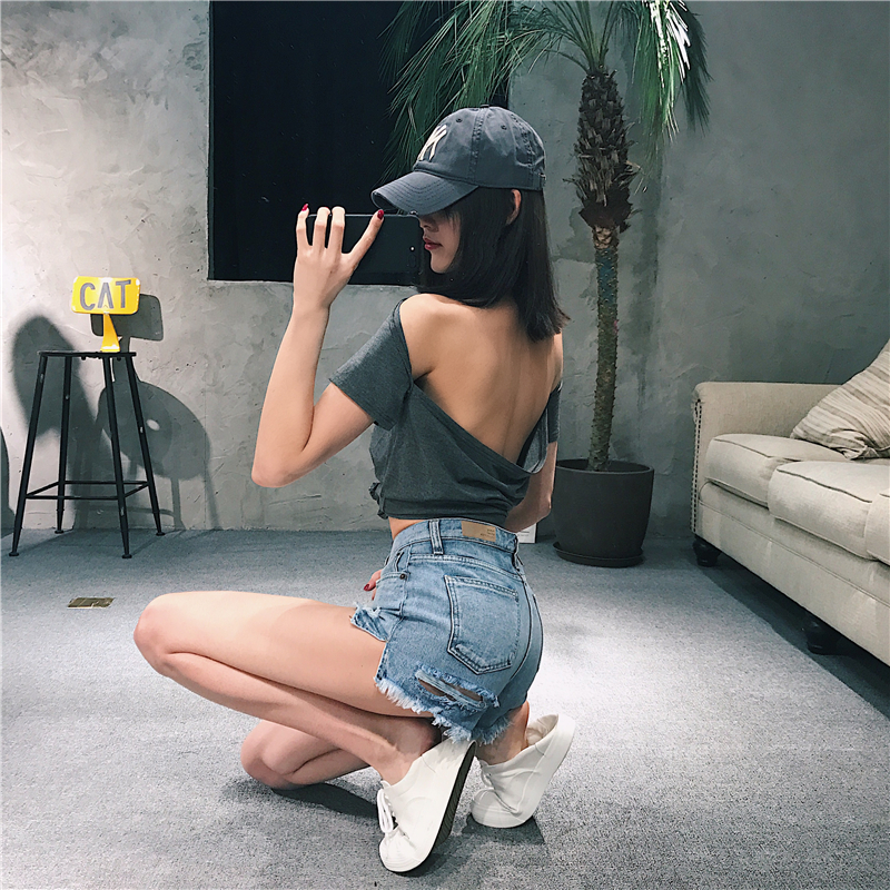 LIVIA Europe and America Great Dew Back T-shirt Feminine 100 lap Pure Thrones Lean Loose Summer Clothing Pituitary short sleeve blouses