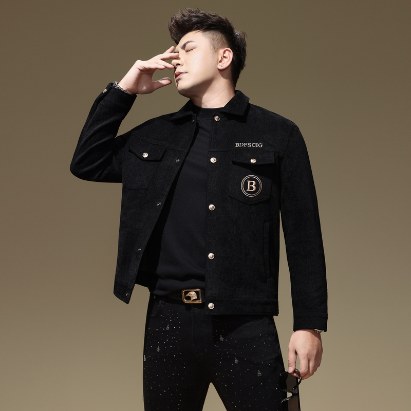 European High-End Embroidered Lapel Jacket for Men, Spring, Autumn, and Winter, Light Luxury Sequin Workwear Jacket, Slim Fit Top for Young Men