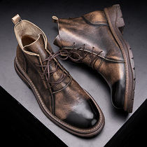 Martin Boots Man Retro High Bunch Leather Shoes Winter Plus Suede Bull Leather Boots Help Inn Wind Genuine Leather Thick Bottom Tooling Boots