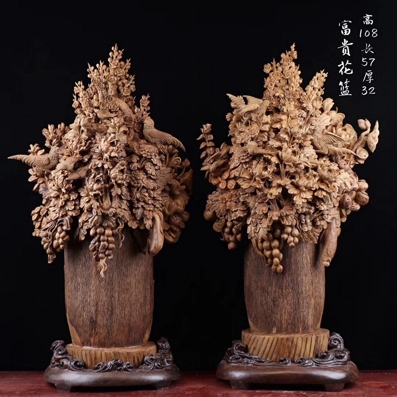 沉香喬遷沙漠玫瑰籃關公富貴彌勒花籃擺件酒店木雕擺件開業客廳送禮