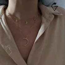European and American temperament Mossang stone Munstar moon double necklace woman 14K gold lock bone necklace 100 hitch crescent pendant