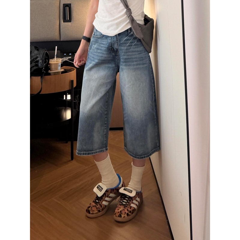 American Retro Blue Denim Women's Cropped Pants, Thin Summer Style with Lightning Pattern Design, Wide-Leg 7/8 Length Pants