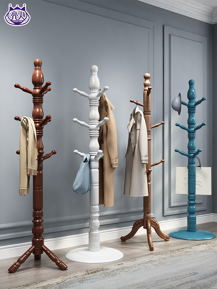 Solid wood coat rack Floor-to-ceiling bedroom hanger Household living room simple modern single pole vertical clothes rack bag rack