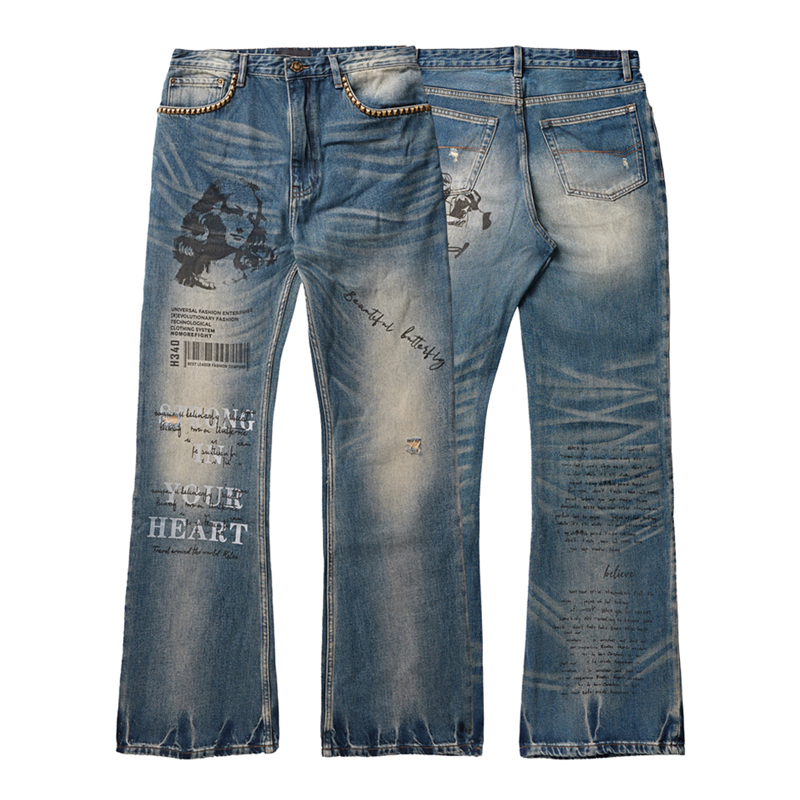 Nomorefight24Fw24Ss Rock Punk Retro Distressed Heavy-Duty Printed Embroidered Flared Jeans