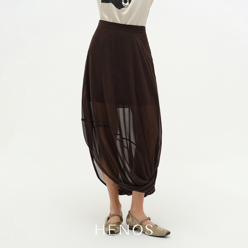 Henos26 New Summer Style Versatile Textured Twisted Bud Skirt with Crinkled Irregular Split Long Skirt