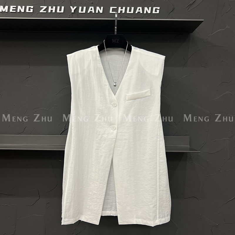High-End European Goods 2025 Summer New Casual Versatile V-Neck Padded Shoulder Back Slit Sleeveless Blazer Vest for Women