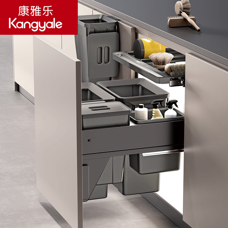 Kitchen Hidden Built-In Large Cabinet with Lid for Garbage and Debris, Pull-Out Classification Cabinet with Built-In Dry and Wet Separation Storage