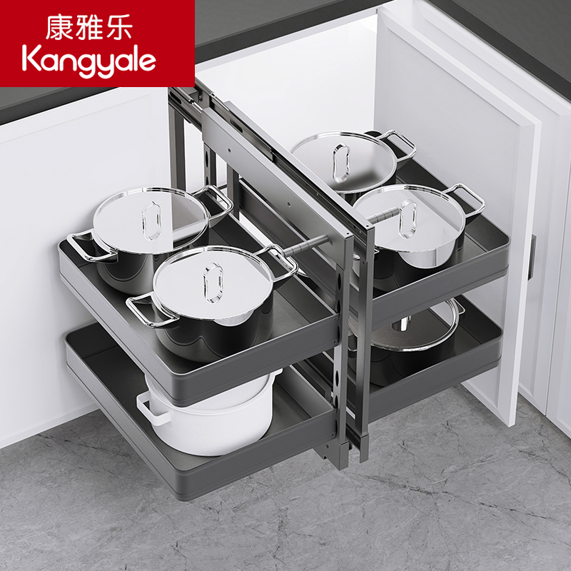 Corner Pull Basket Fully Open Little Monster Kitchen Cabinet Fully Pulled Corner Flying Saucer Storage Little Monster Floor Cabinet Door Hole